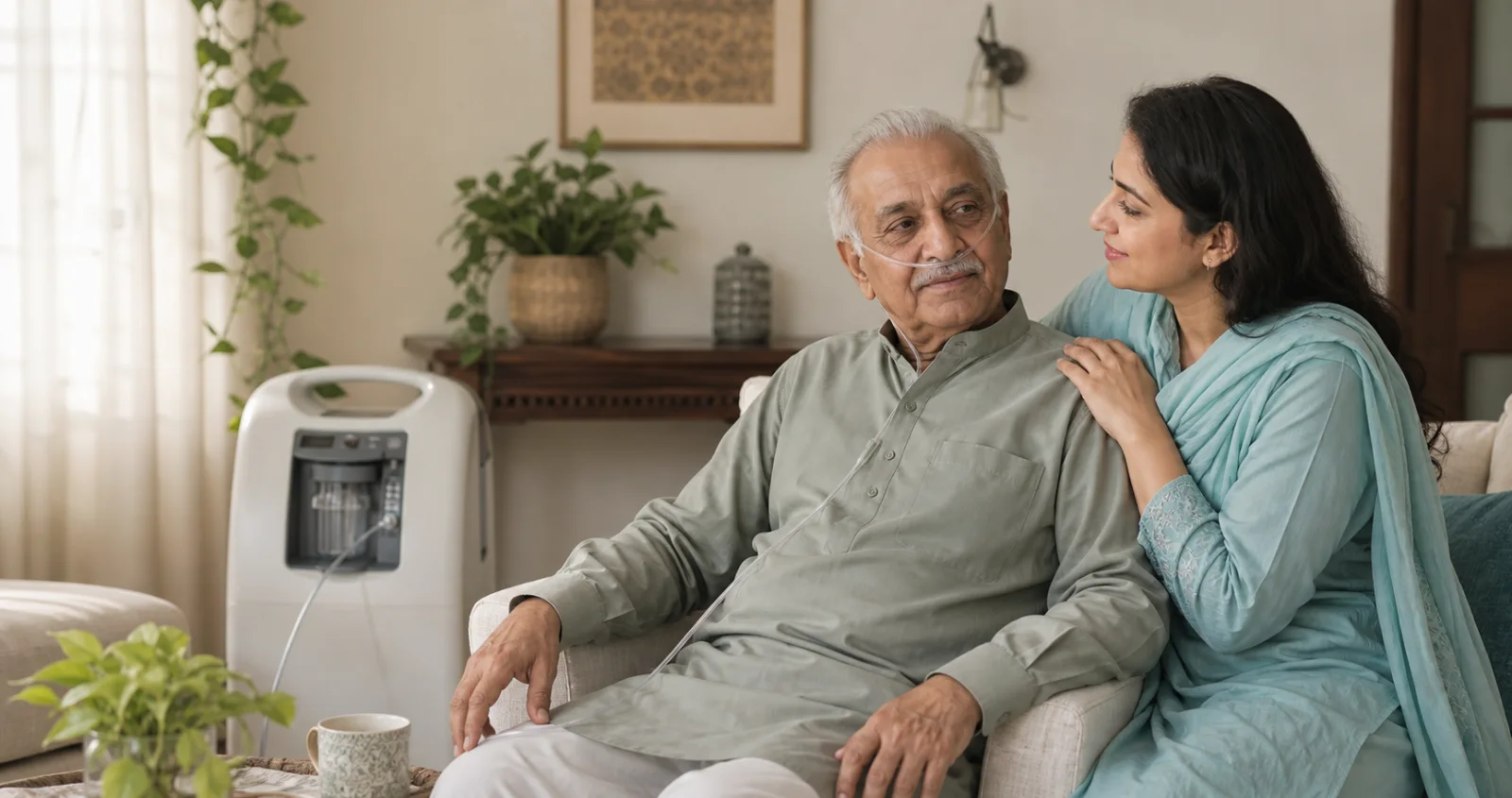 A daughter supporting her father during respiratory care at home