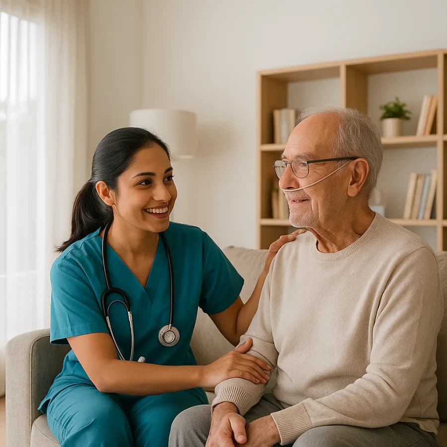 A caregiver talking with an older patient at home
